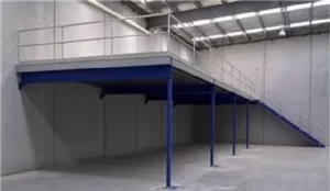 Blue coloured Structural Mezzanine with Handrail and Staircase.