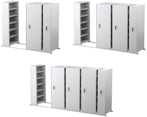 3D impressions of a 4, 6, and 8 bay compactus with 6 storage shelves in each.