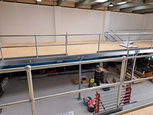 Two mezzanine floors with pallet gates and guardrail system.