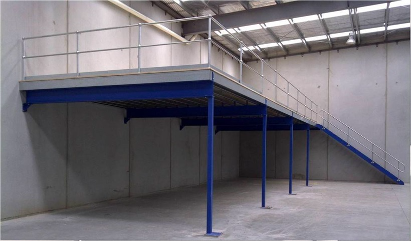 Blue coloured Mezzanine Floor with Handrail and Staircase